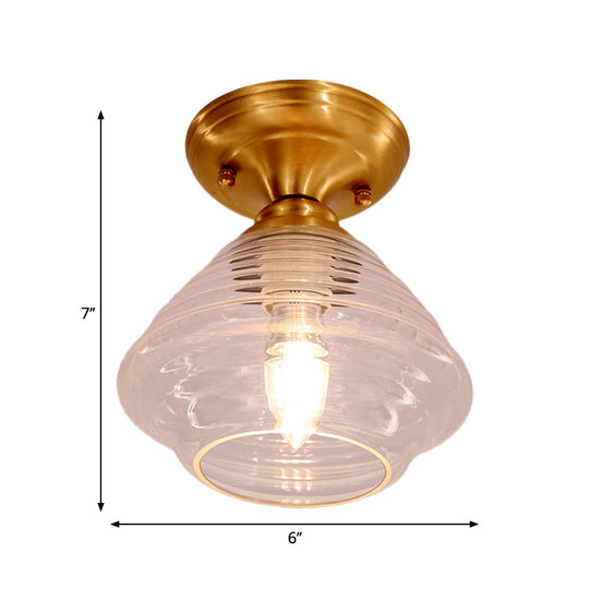 Brass Prismatic Glass Dome/Cone/Barn Flush Mount Light Fixture - Colonial Style 1 Head Porch