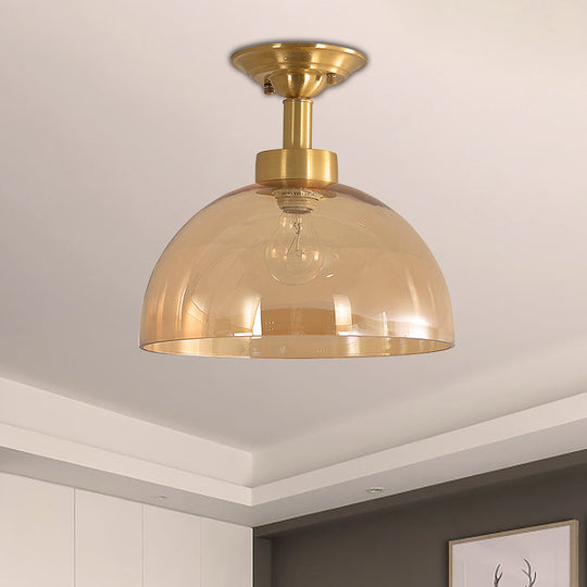 Colonial Dome Ceiling Light Fixture - Brass Semi Mount with Amber Glass for Hallway