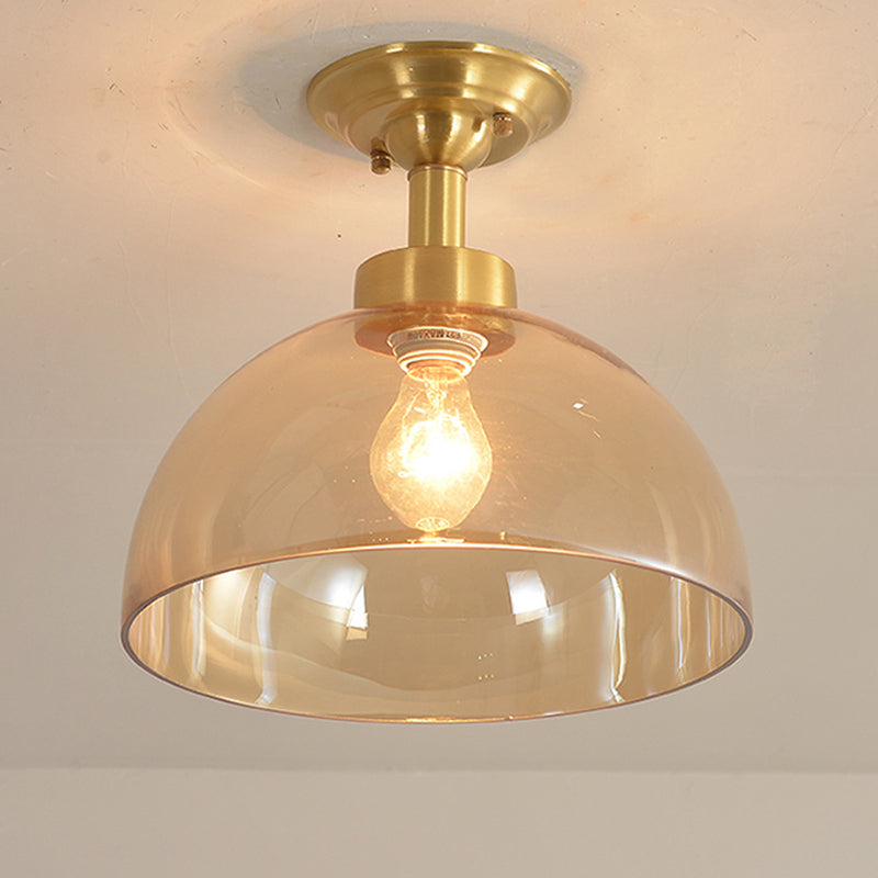 Colonial Dome Ceiling Light Fixture - Brass Semi Mount with Amber Glass for Hallway