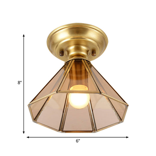 Plafonnier encastré en verre biseauté avec design en forme de cône en laiton de style colonial