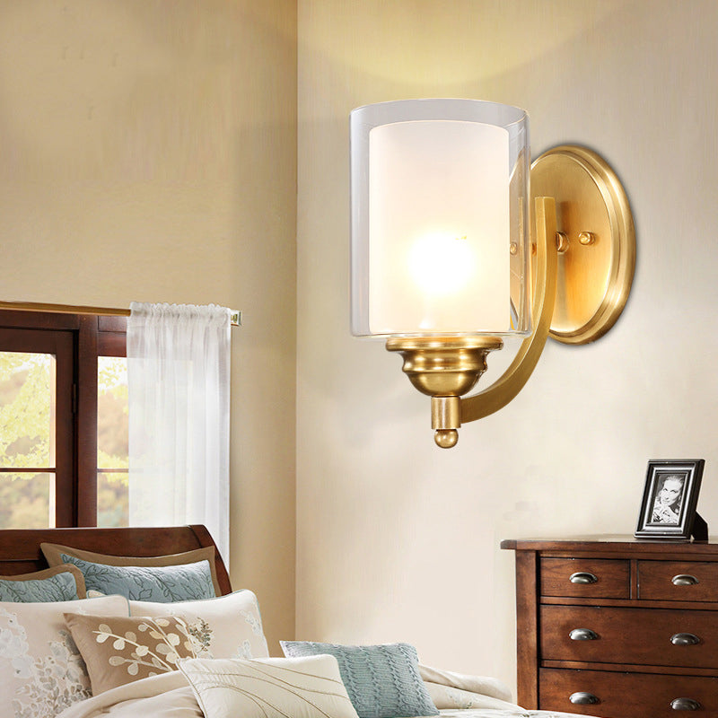 Modern Style Double Glass Indoor Wall Sconce Lighting - Cylindrical Brass Finish Lamp For Bedroom