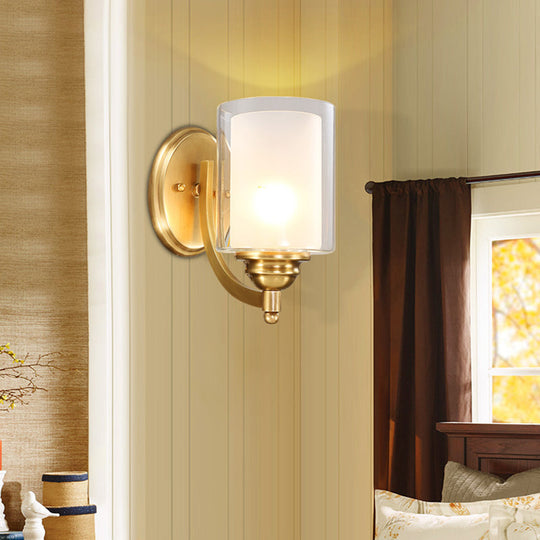 Modern Style Double Glass Indoor Wall Sconce Lighting - Cylindrical Brass Finish Lamp For Bedroom