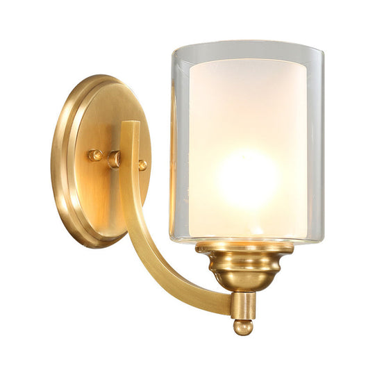 Modern Style Double Glass Indoor Wall Sconce Lighting - Cylindrical Brass Finish Lamp For Bedroom