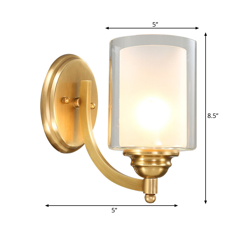 Modern Style Double Glass Indoor Wall Sconce Lighting - Cylindrical Brass Finish Lamp For Bedroom