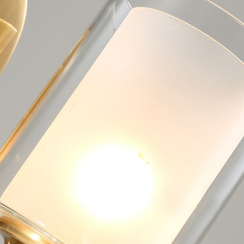 Modern Style Double Glass Indoor Wall Sconce Lighting - Cylindrical Brass Finish Lamp For Bedroom