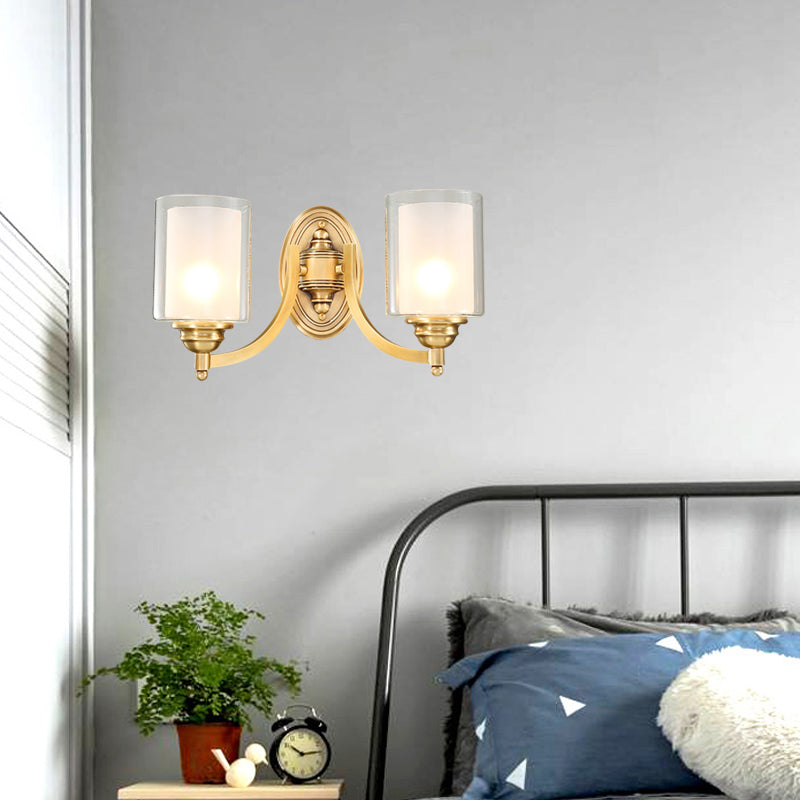 Modern Style Double Glass Indoor Wall Sconce Lighting - Cylindrical Brass Finish Lamp For Bedroom