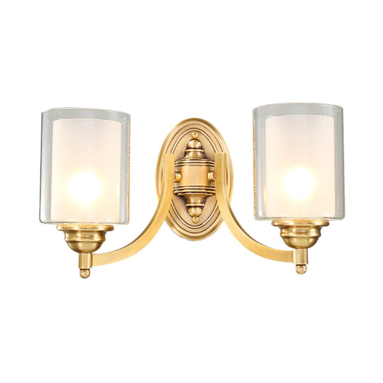 Modern Style Double Glass Indoor Wall Sconce Lighting - Cylindrical Brass Finish Lamp For Bedroom