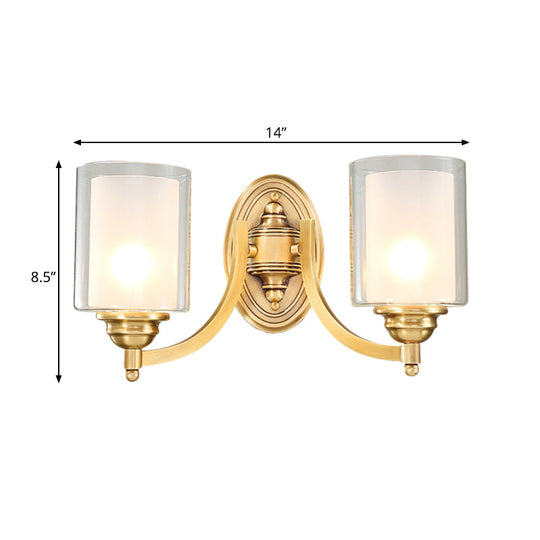 Modern Style Double Glass Indoor Wall Sconce Lighting - Cylindrical Brass Finish Lamp For Bedroom