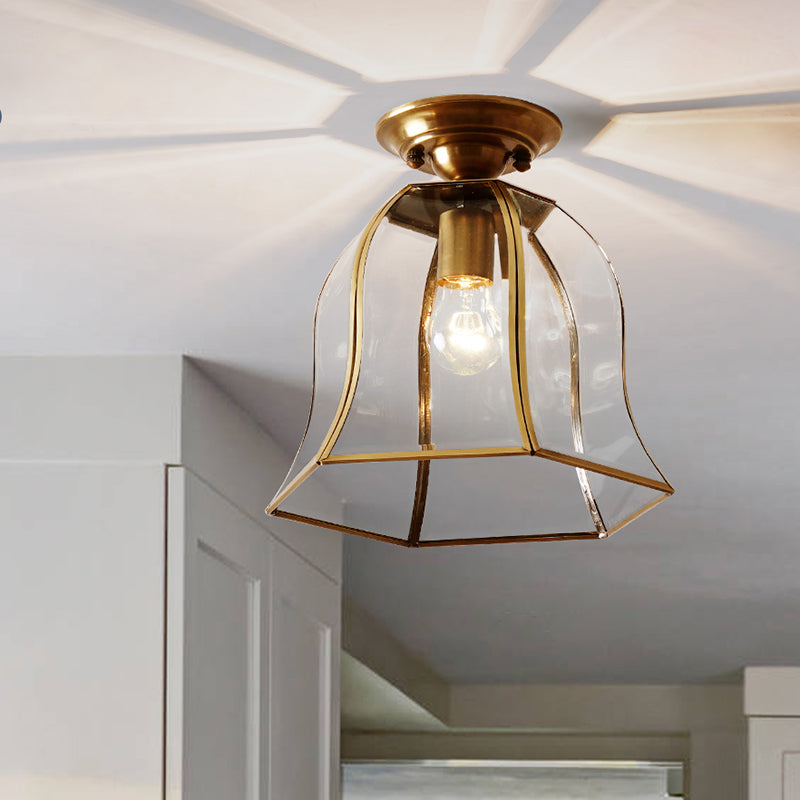 Brass Colonial Bell Ceiling Light - Clear Glass Flush Mount Foyer Fixture