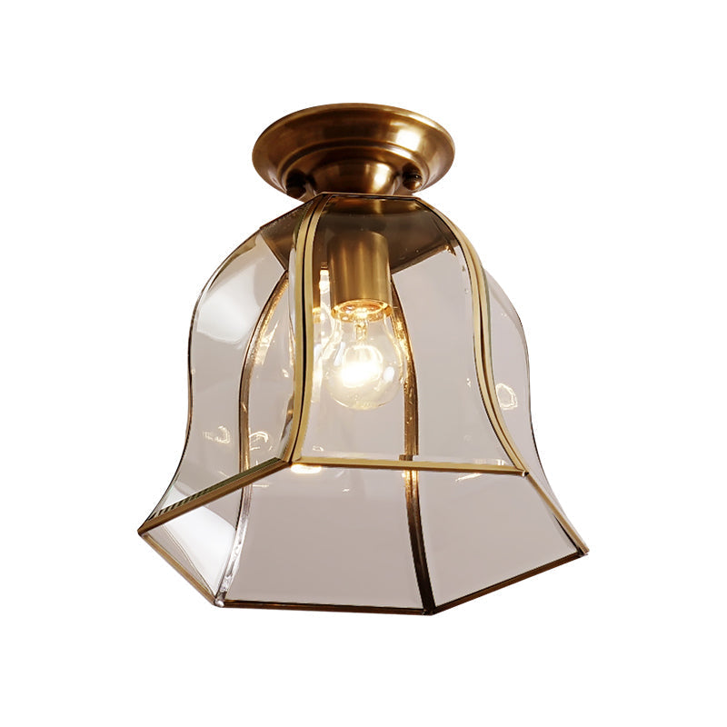 Brass Colonial Bell Ceiling Light - Clear Glass Flush Mount Foyer Fixture