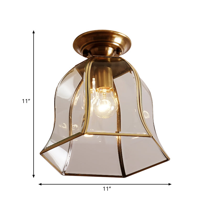 Brass Colonial Bell Ceiling Light - Clear Glass Flush Mount Foyer Fixture