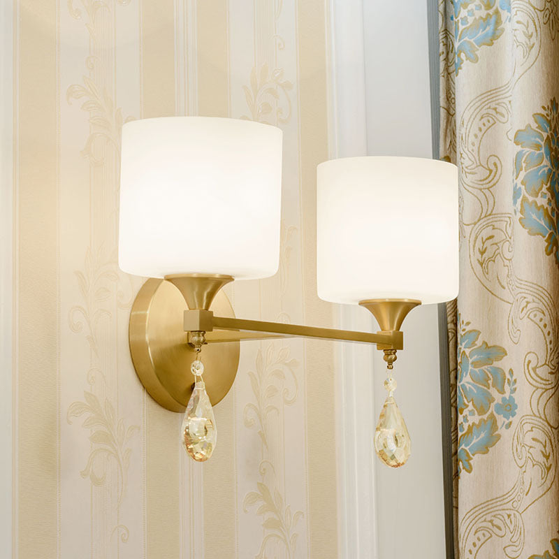 Modern Milk Glass Wall Sconce With Brass Finish And Amber Crystal Draping 2 /