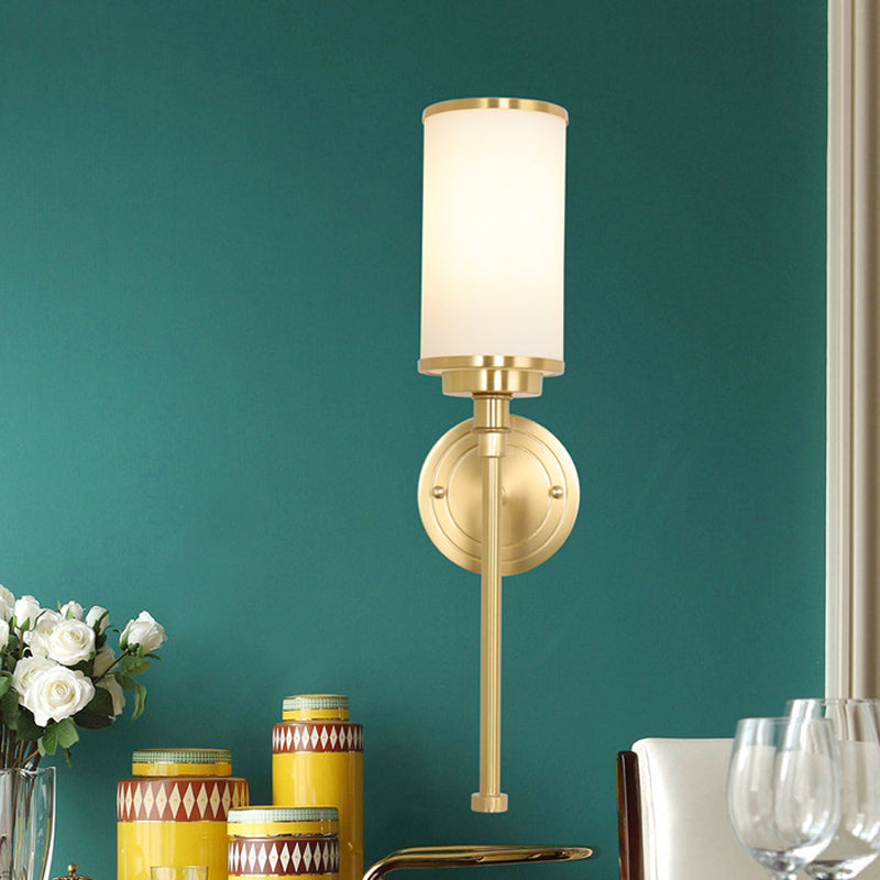 Modern Brass Finish Wall Lamp With Frosted Glass Cylinder Mount Light