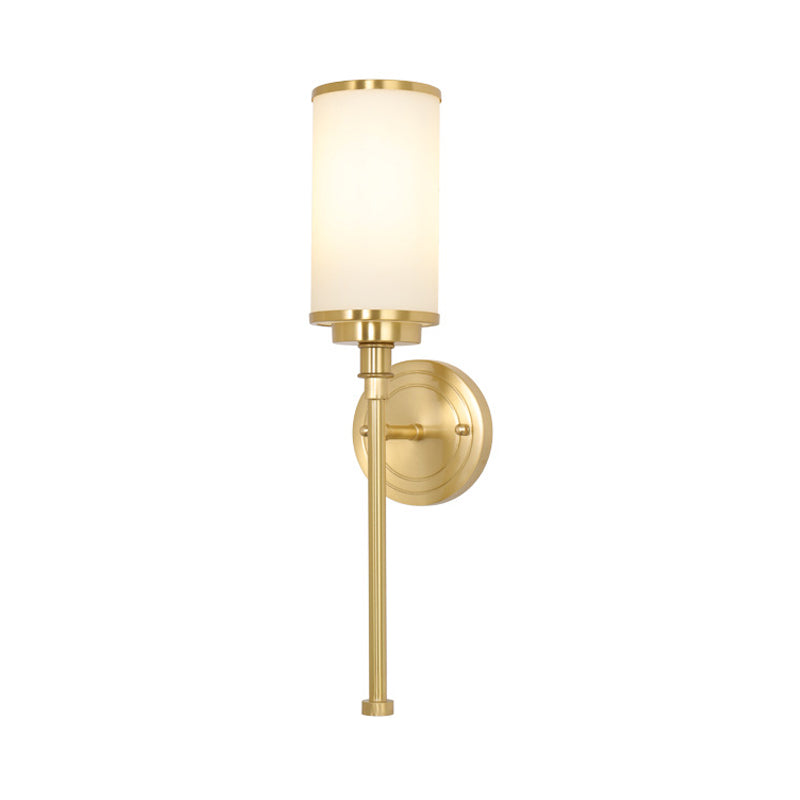 Modern Brass Finish Wall Lamp With Frosted Glass Cylinder Mount Light