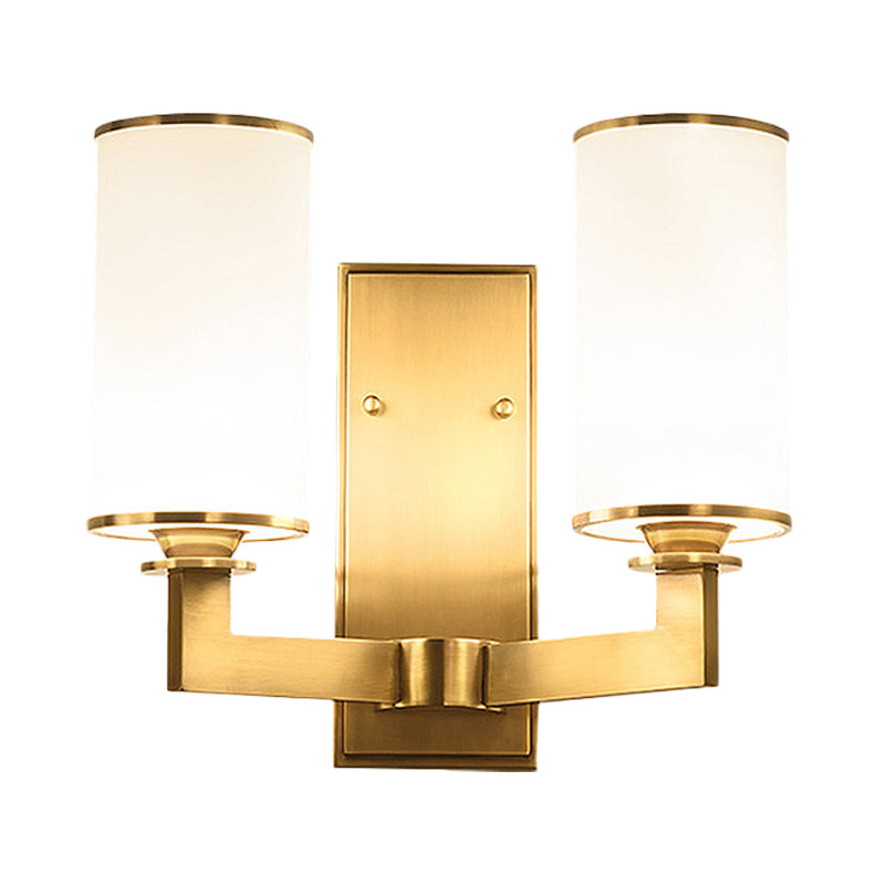 Modern Cylinder Wall Lamp 1/2-Head Frosted Glass Fixture In Brass For Living Room - Modernism Style