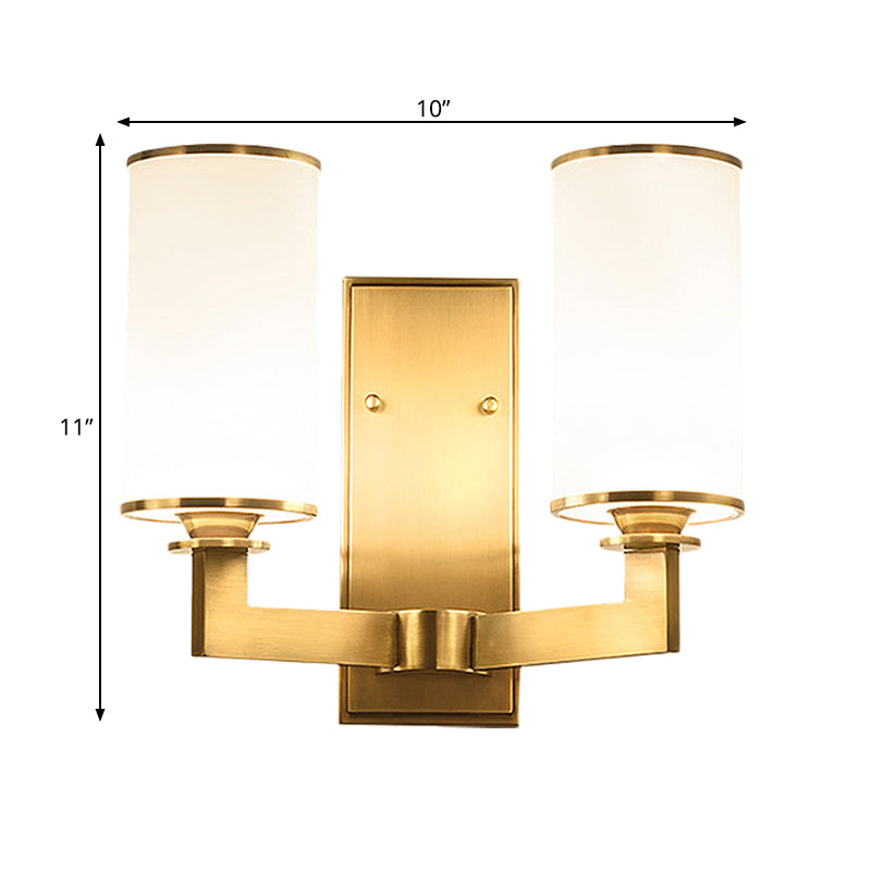 Modern Cylinder Wall Lamp 1/2-Head Frosted Glass Fixture In Brass For Living Room - Modernism Style