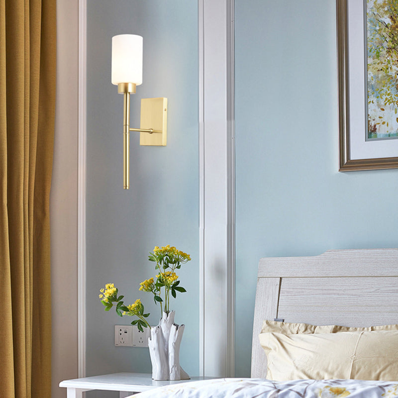 Modernist Style White Glass Cylinder Wall Sconce With Brass Finish - Bedroom Light 1 /