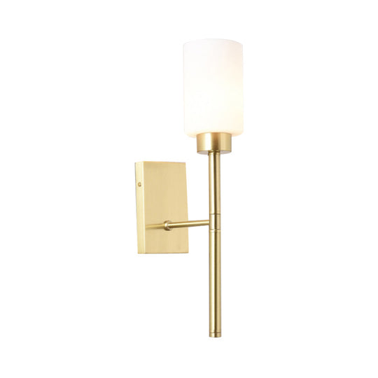 Modernist Style White Glass Cylinder Wall Sconce With Brass Finish - Bedroom Light