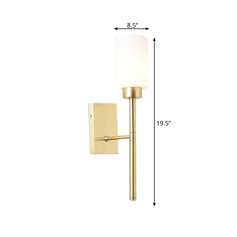 Modernist Style White Glass Cylinder Wall Sconce With Brass Finish - Bedroom Light