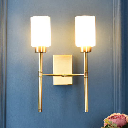 Modernist Style White Glass Cylinder Wall Sconce With Brass Finish - Bedroom Light 2 /