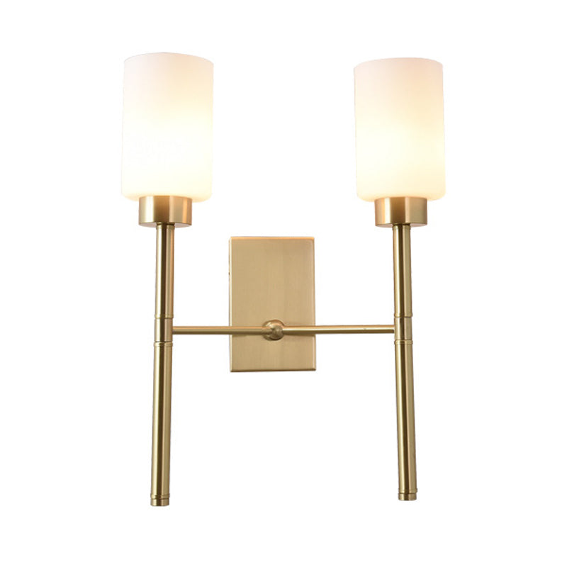 Modernist Style White Glass Cylinder Wall Sconce With Brass Finish - Bedroom Light