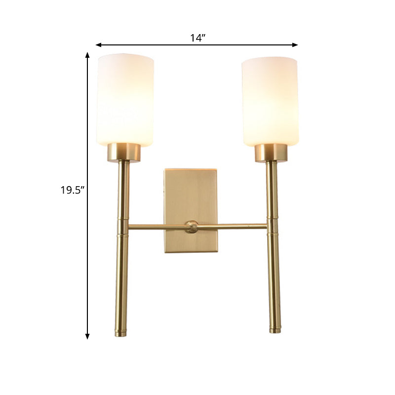 Modernist Style White Glass Cylinder Wall Sconce With Brass Finish - Bedroom Light