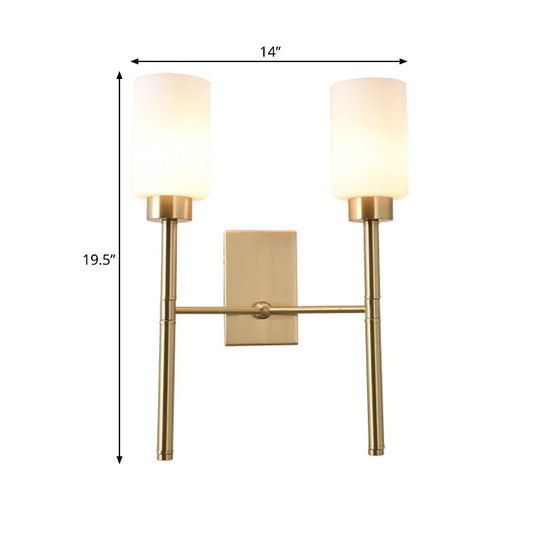 Modernist Style White Glass Cylinder Wall Sconce With Brass Finish - Bedroom Light