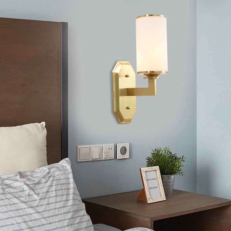 Modern Brass Wall Lamp With Frosted Opal Cylindrical Shade 1 /