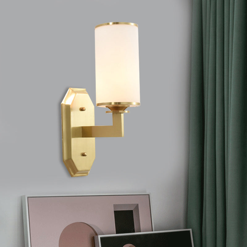 Modern Brass Wall Lamp With Frosted Opal Cylindrical Shade