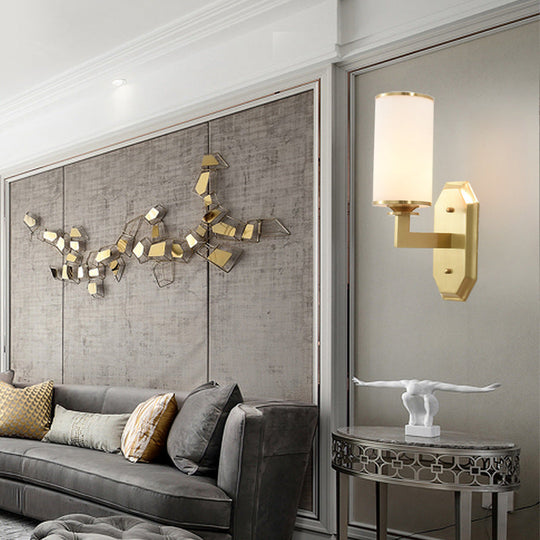 Modern Brass Wall Lamp With Frosted Opal Cylindrical Shade