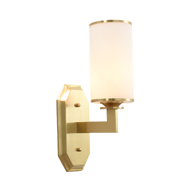 Modern Brass Wall Lamp With Frosted Opal Cylindrical Shade