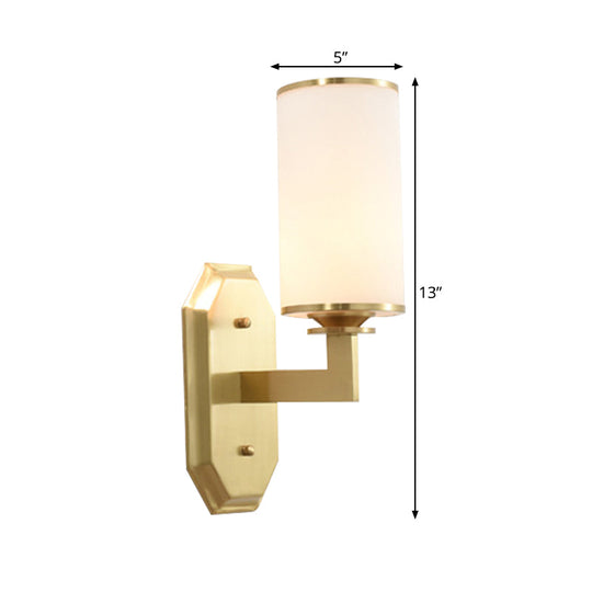 Modern Brass Wall Lamp With Frosted Opal Cylindrical Shade