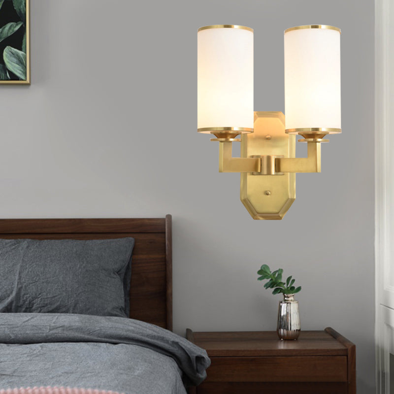 Modern Brass Wall Lamp With Frosted Opal Cylindrical Shade