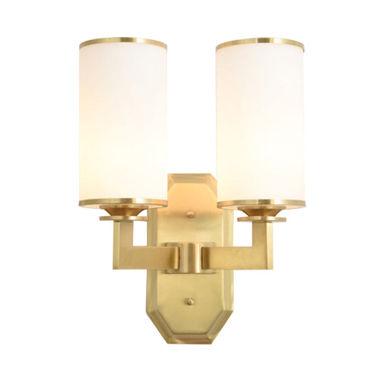 Modern Brass Wall Lamp With Frosted Opal Cylindrical Shade