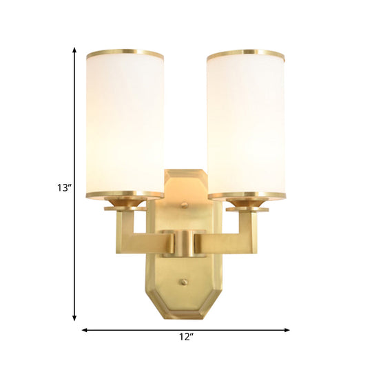 Modern Brass Wall Lamp With Frosted Opal Cylindrical Shade