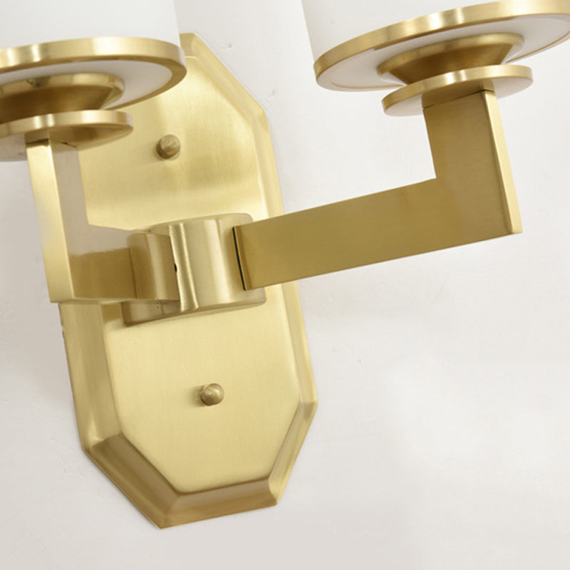 Modern Brass Wall Lamp With Frosted Opal Cylindrical Shade