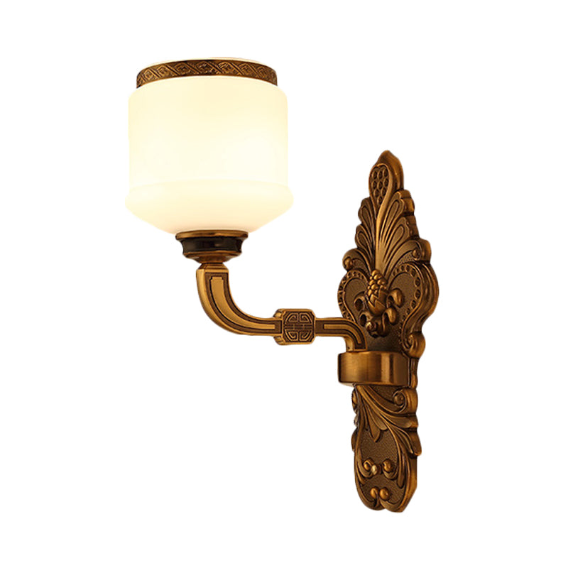 Vintage Style Brass Wall Sconce Lamp With 1/2-Light Drum Shade In White Glass