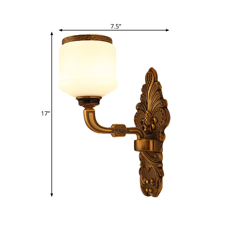 Vintage Style Brass Wall Sconce Lamp With 1/2-Light Drum Shade In White Glass