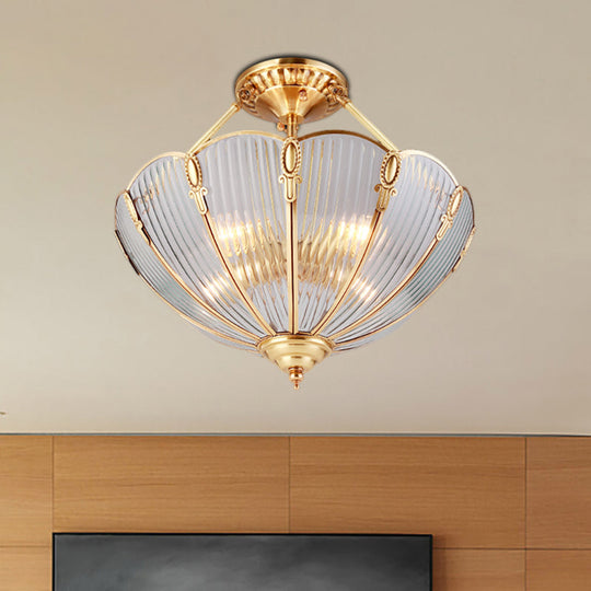 Brass Semi Flush Mount Ceiling Light with Ribbed Glass Shades for Dining Room