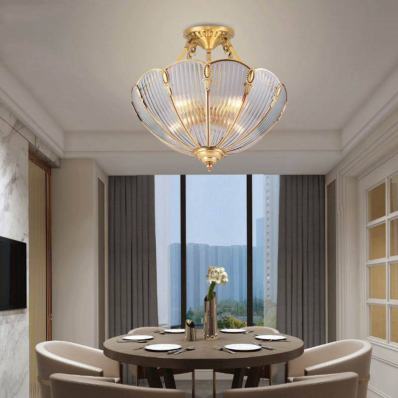 Brass Semi Flush Mount Ceiling Light with Ribbed Glass Shades for Dining Room