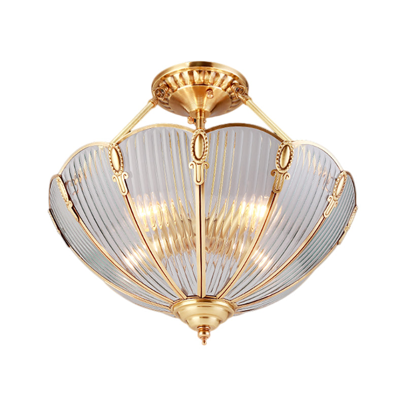 Brass Semi Flush Mount Ceiling Light with Ribbed Glass Shades for Dining Room