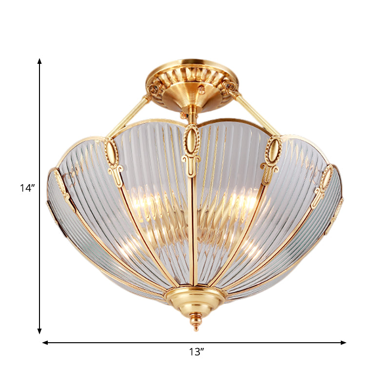 Brass Semi Flush Mount Ceiling Light with Ribbed Glass Shades for Dining Room