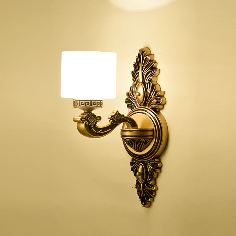 Vintage Style Brass Drum Wall Sconce With Opal Glass - 1/2-Head Living Room Lamp