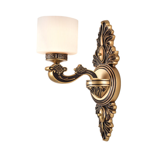 Vintage Style Brass Drum Wall Sconce With Opal Glass - 1/2-Head Living Room Lamp