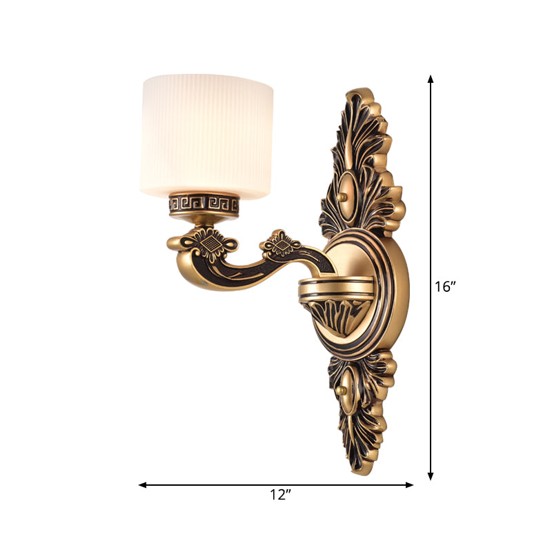 Vintage Style Brass Drum Wall Sconce With Opal Glass - 1/2-Head Living Room Lamp