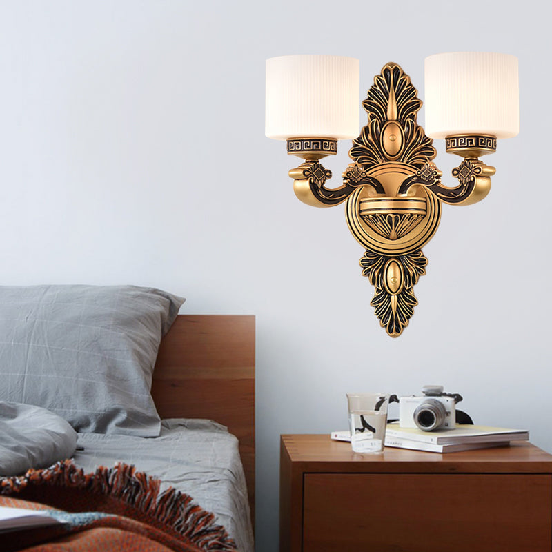 Vintage Style Brass Drum Wall Sconce With Opal Glass - 1/2-Head Living Room Lamp