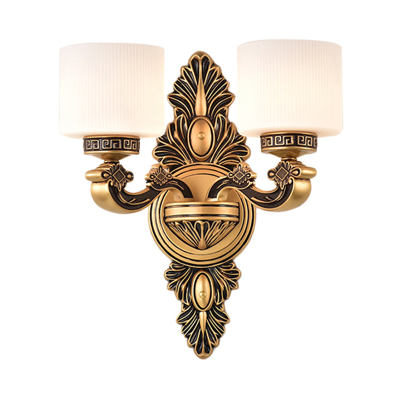 Vintage Style Brass Drum Wall Sconce With Opal Glass - 1/2-Head Living Room Lamp