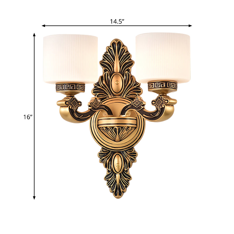 Vintage Style Brass Drum Wall Sconce With Opal Glass - 1/2-Head Living Room Lamp