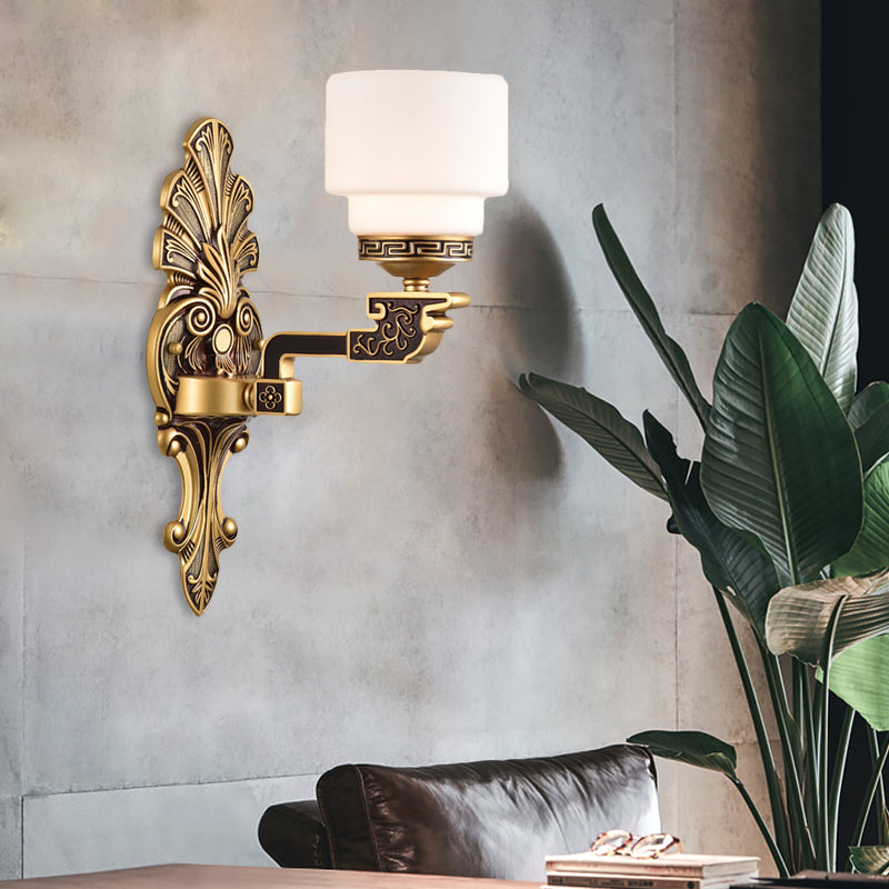 Vintage Brass Wall Sconce With Stylish Frosted Glass Drum Shade