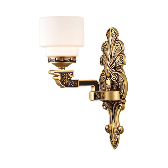 Vintage Brass Wall Sconce With Stylish Frosted Glass Drum Shade